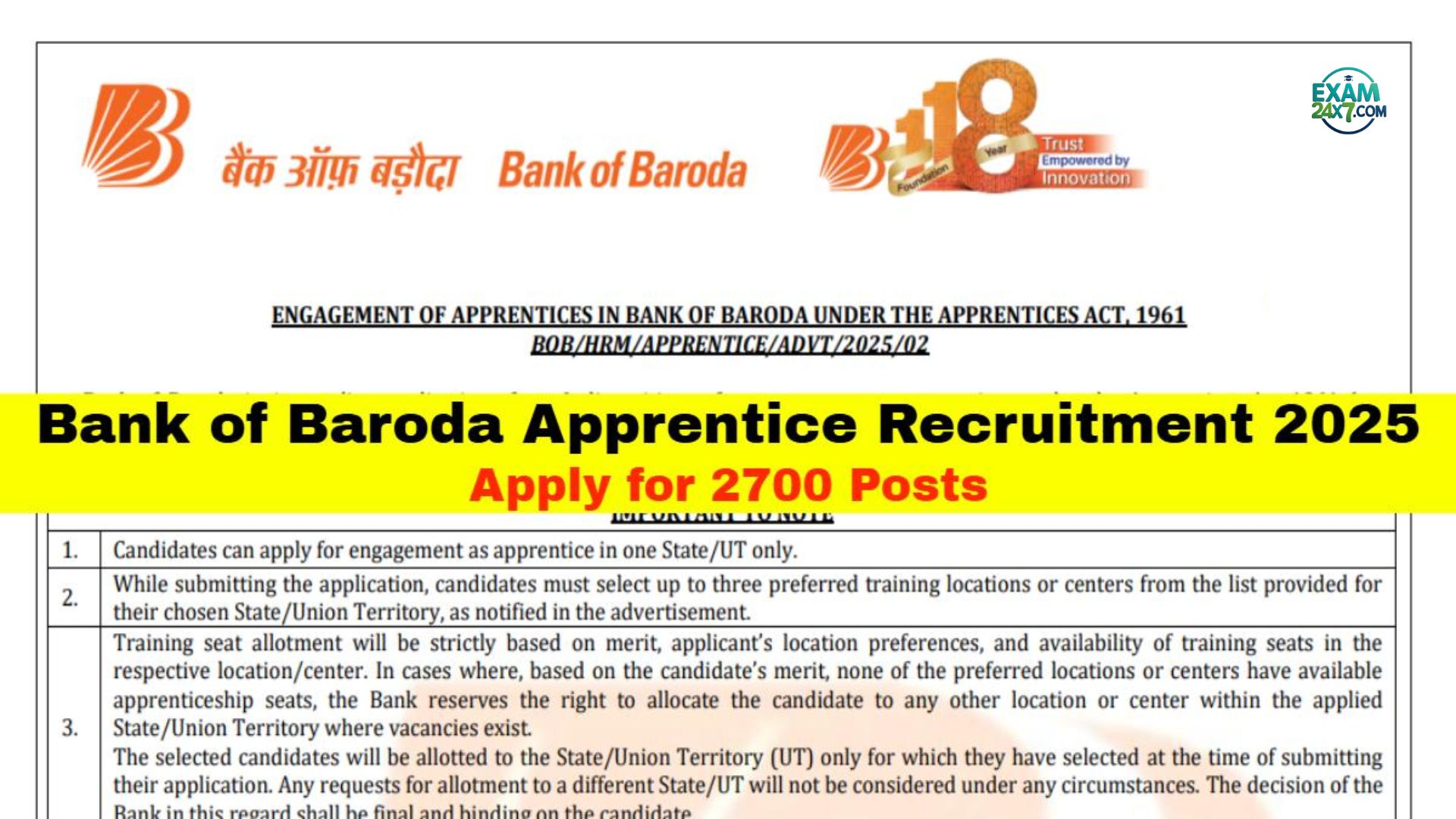 Bank of Baroda Apprentice Recruitment 2025: नोटिफिकेशन जारी, 2700 पदों के लिए, NATS, NAPS पोर्टल पर अप्लाई करें